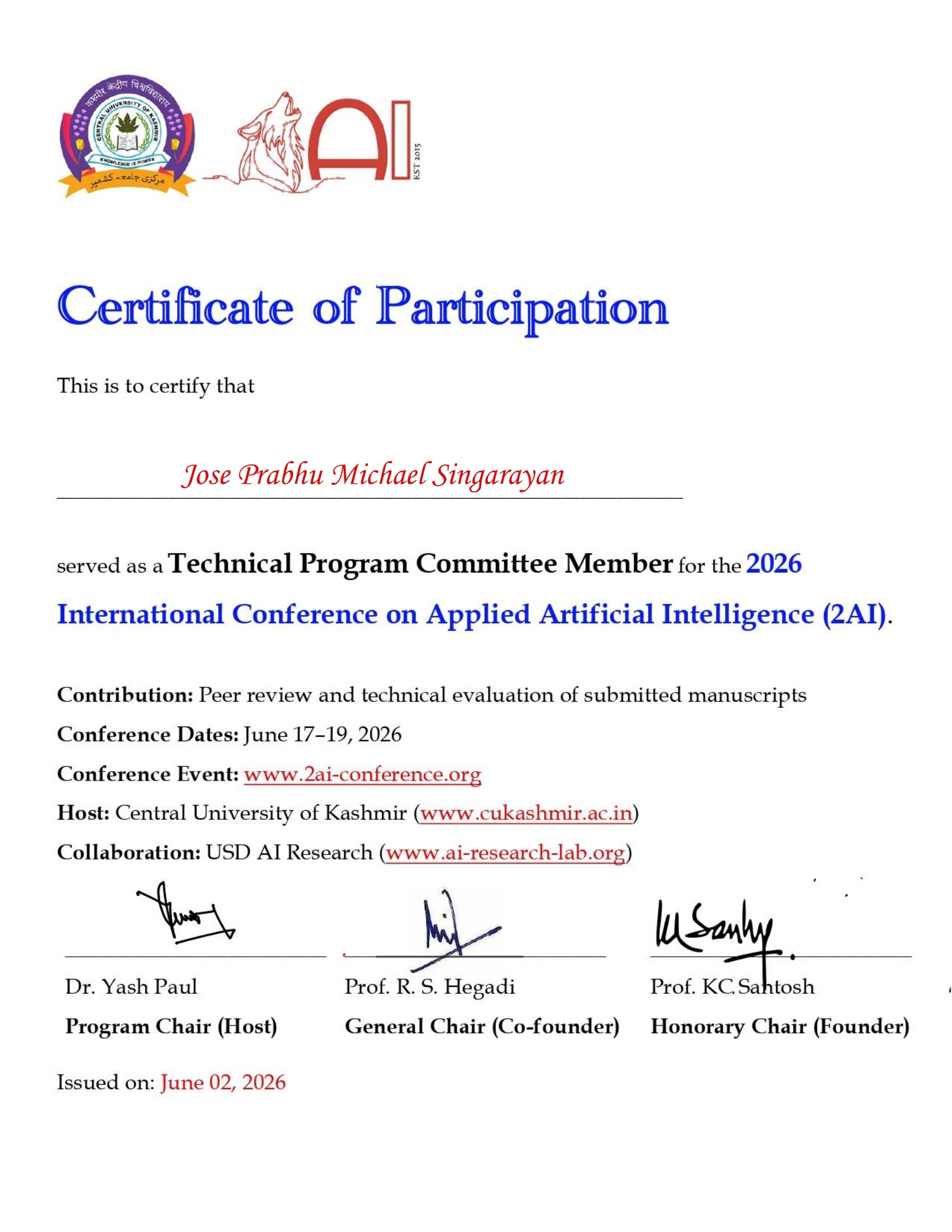 Certificate of Participation — Technical Program Committee Member, 2AI 2026