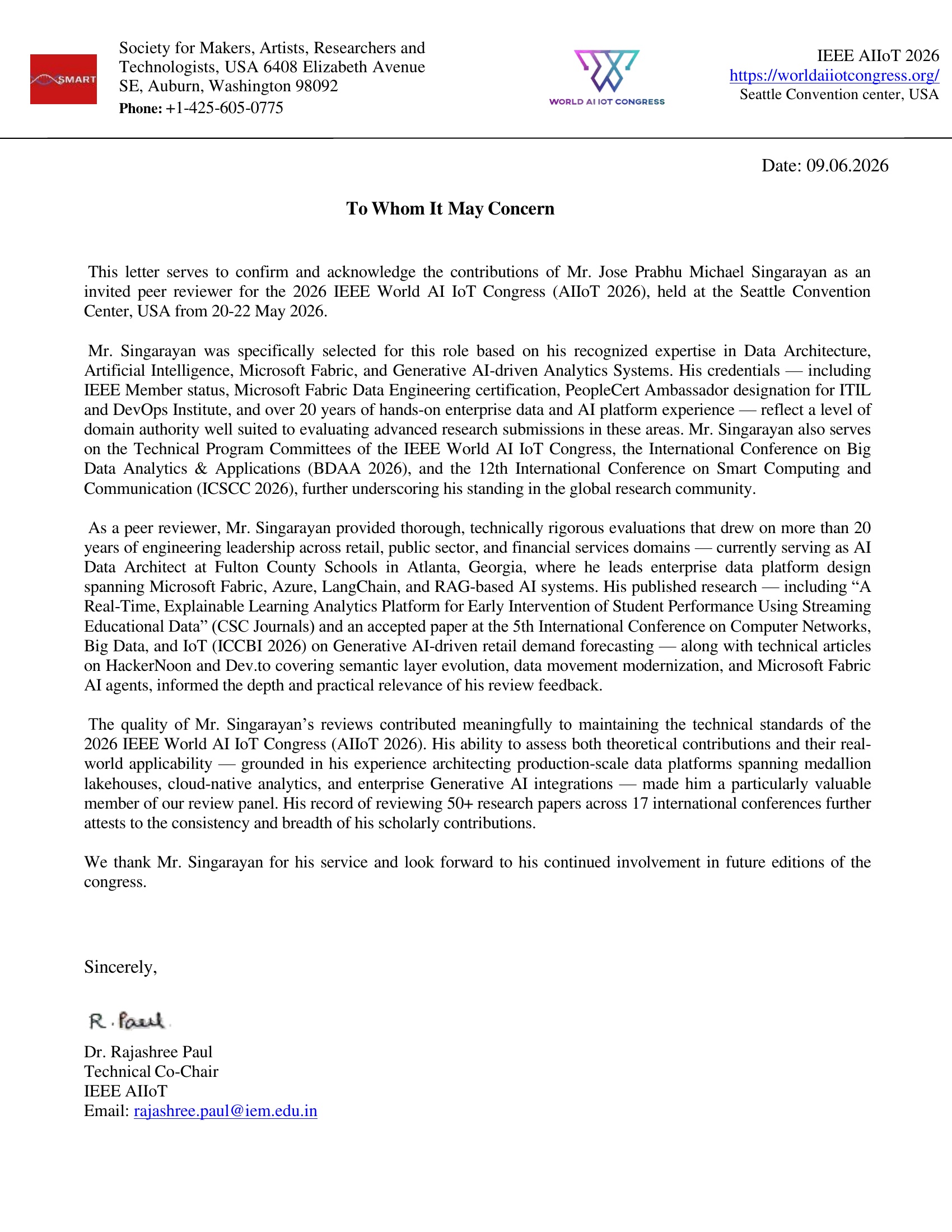 Acknowledgment Letter — Peer Reviewer, IEEE AIIoT 2026