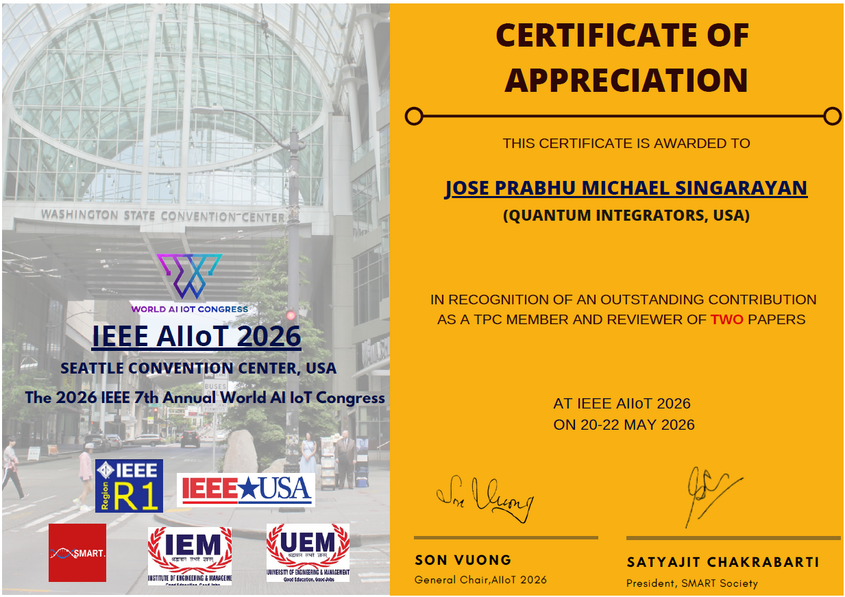 Certificate of Appreciation — TPC Member & Reviewer, IEEE AIIoT 2026, Seattle