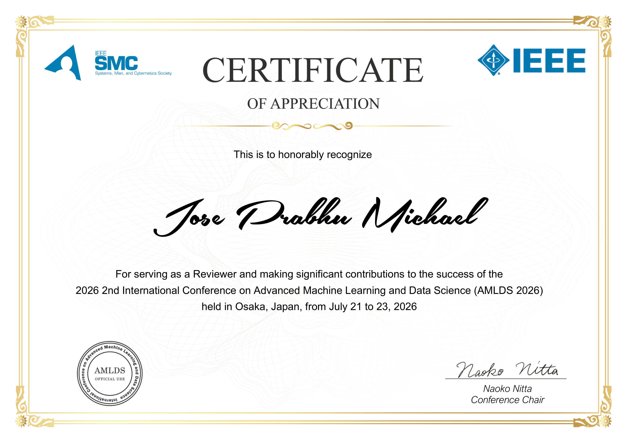 Certificate of Appreciation — Reviewer, AMLDS 2026, Osaka, Japan