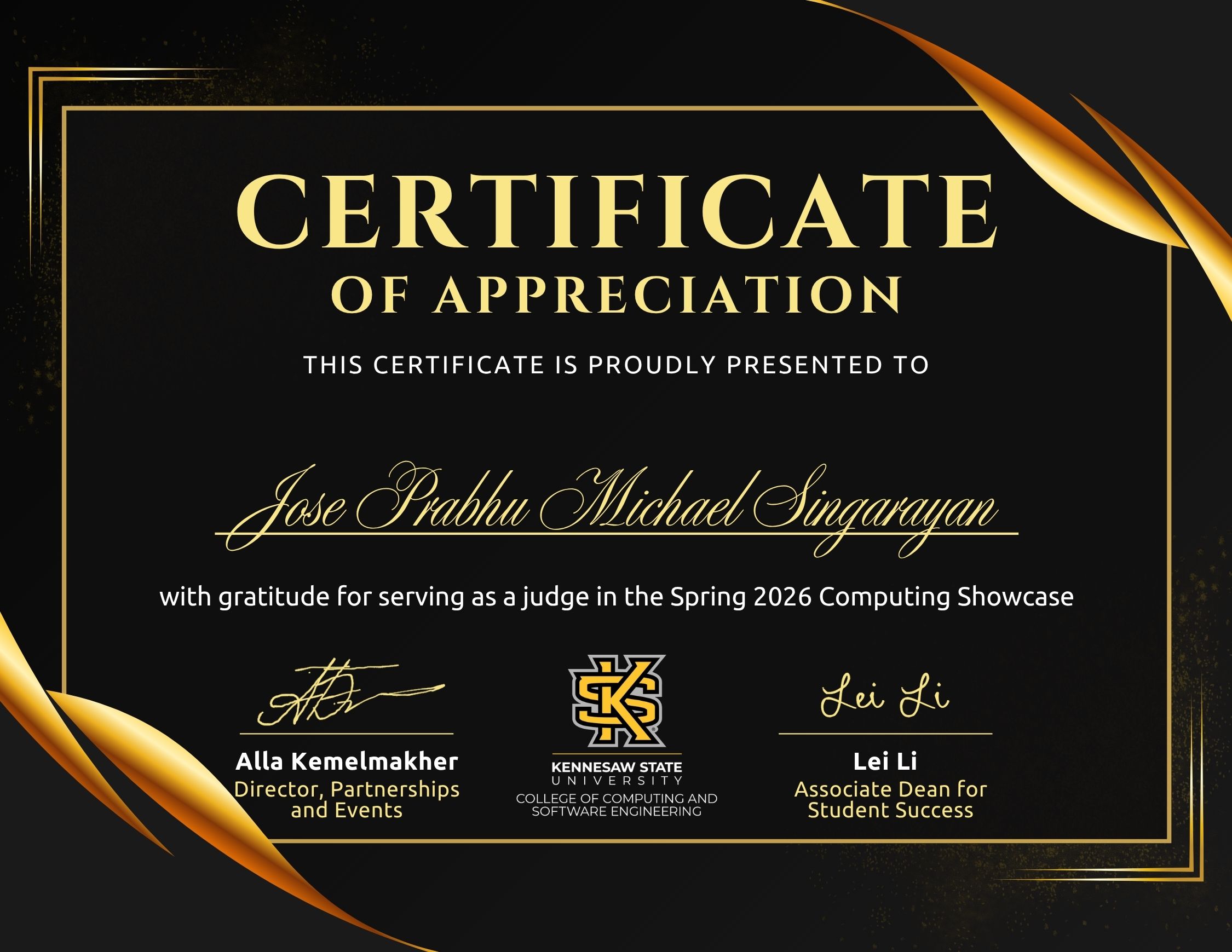 Certificate of Appreciation — C-Day Judge, Kennesaw State University