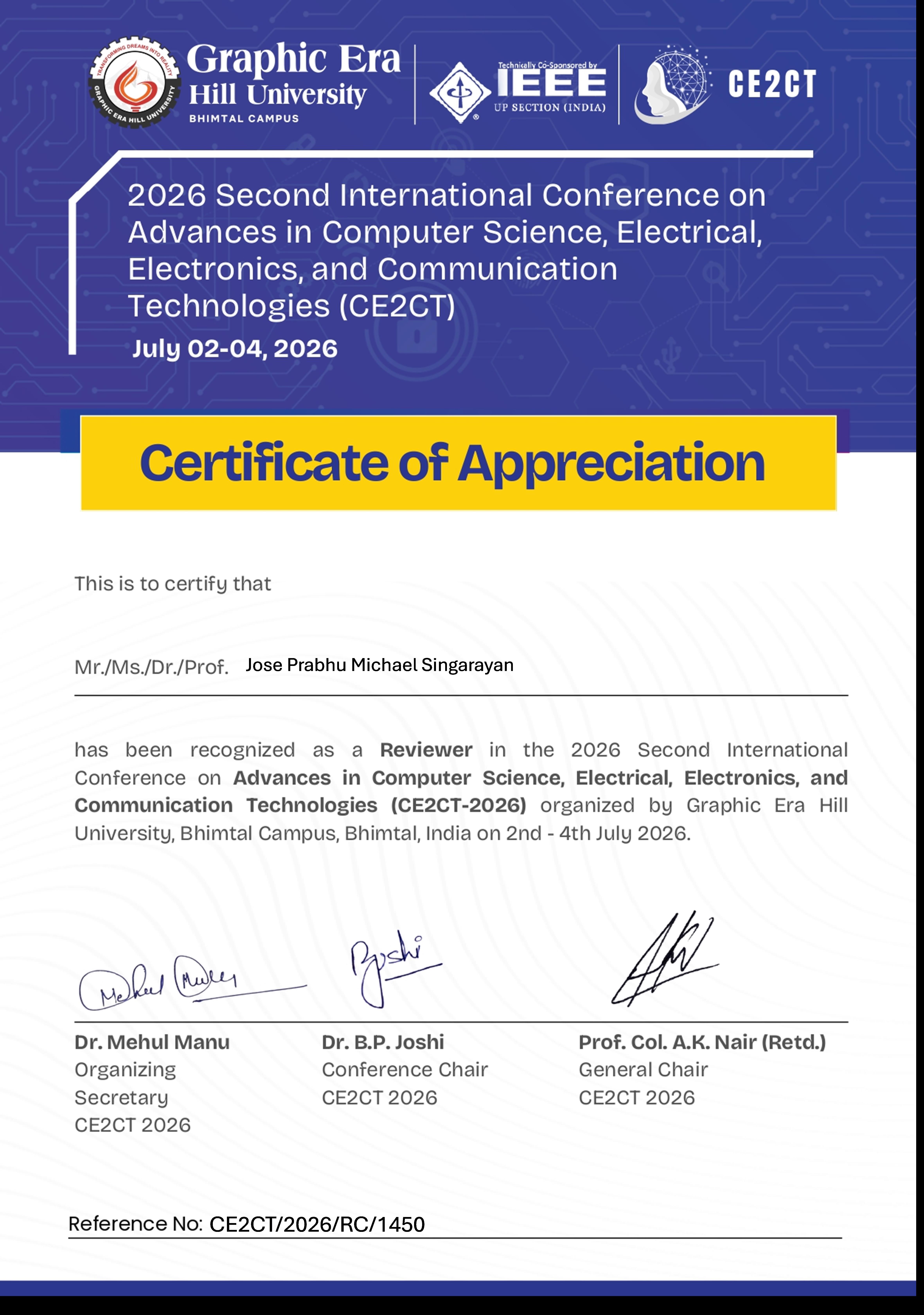 Certificate of Appreciation — Reviewer, CE2CT 2026, Graphic Era Hill University