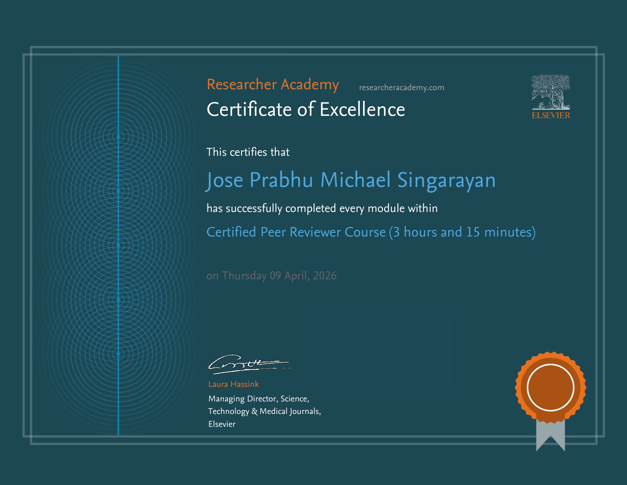 Certificate of Excellence — Certified Peer Reviewer Course, Elsevier Researcher Academy