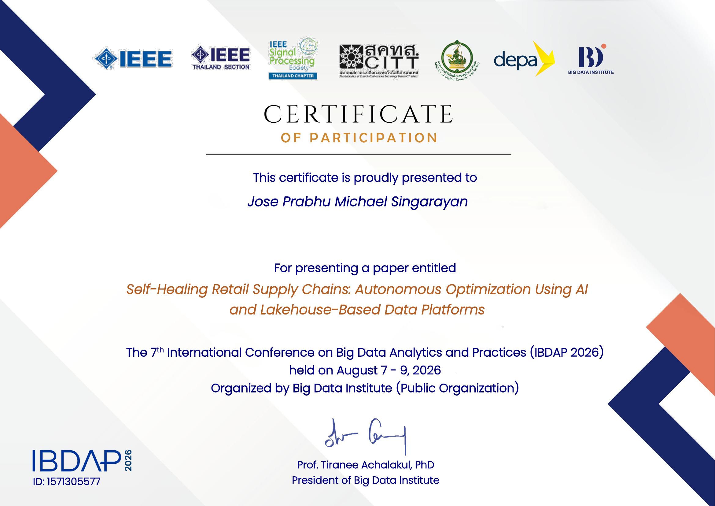 Certificate of Participation — IBDAP 2026, Big Data Institute