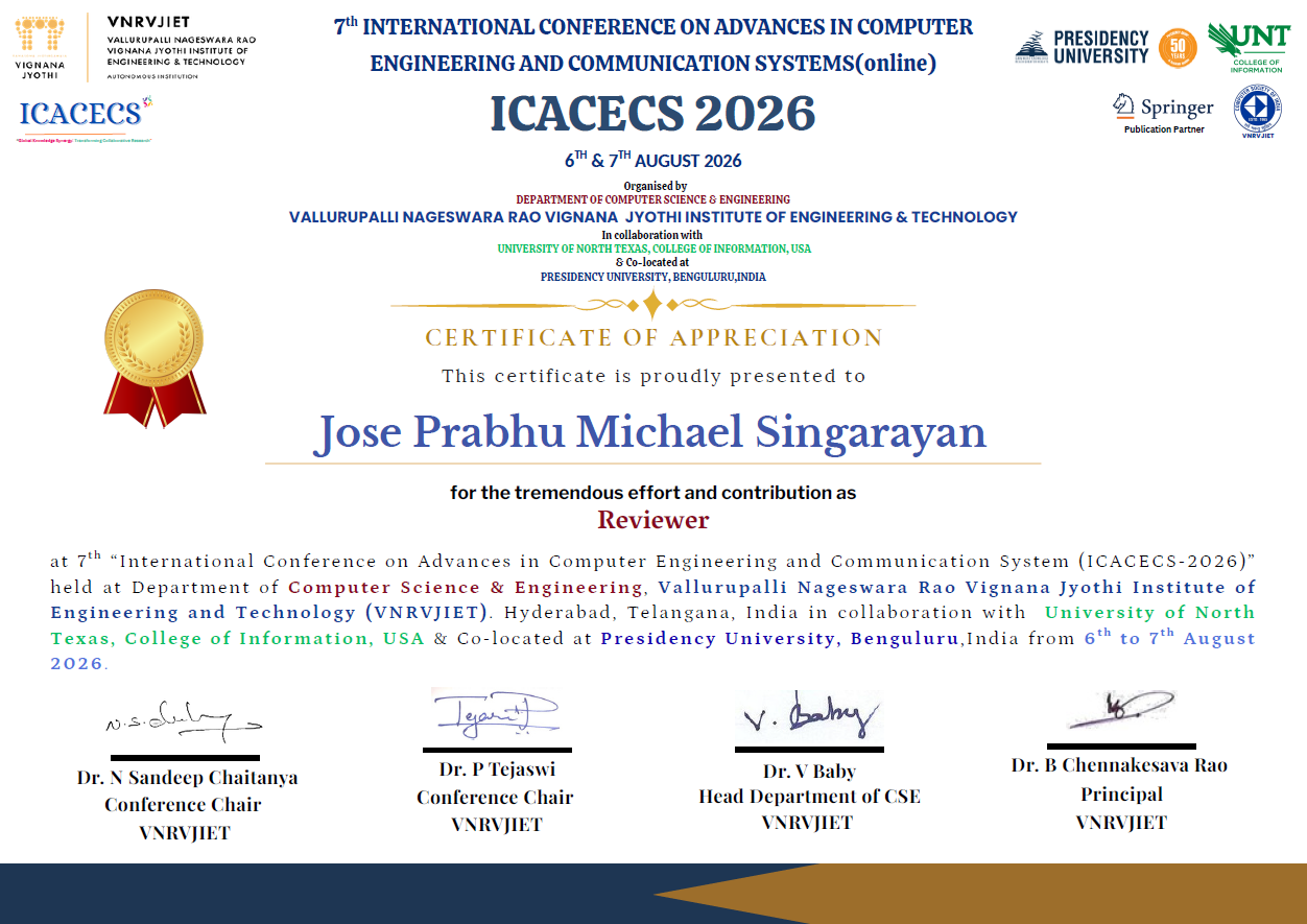 Certificate of Appreciation — Reviewer, ICACECS 2026, VNRVJIET