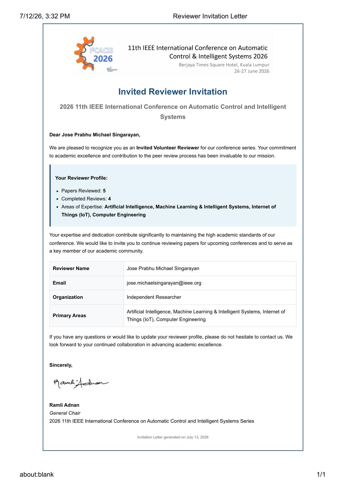 Invited Reviewer Invitation — 2026 11th IEEE International Conference on Automatic Control & Intelligent Systems (I2CACIS)