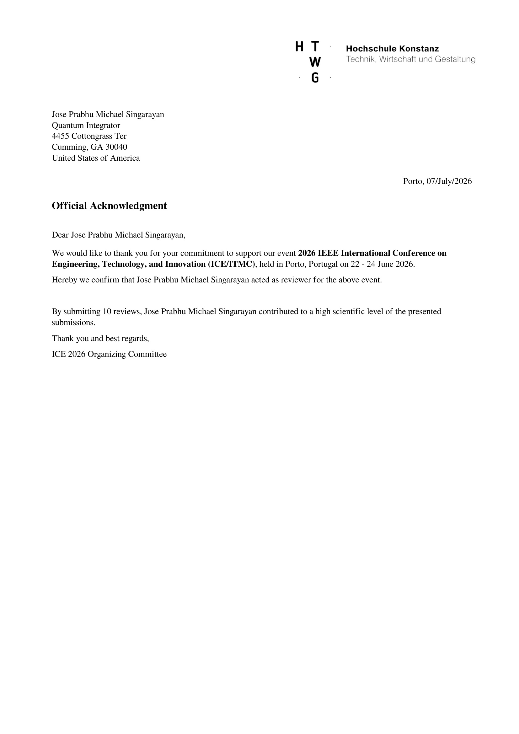 Official Acknowledgment — Reviewer, 2026 IEEE ICE/ITMC, Hochschule Konstanz