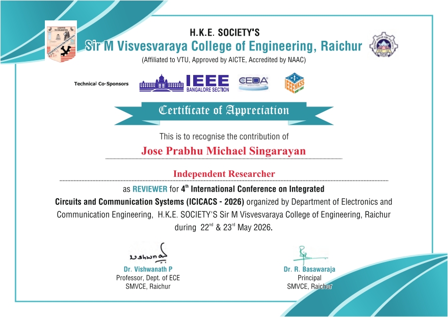 Certificate of Appreciation — Reviewer, ICICACS 2026