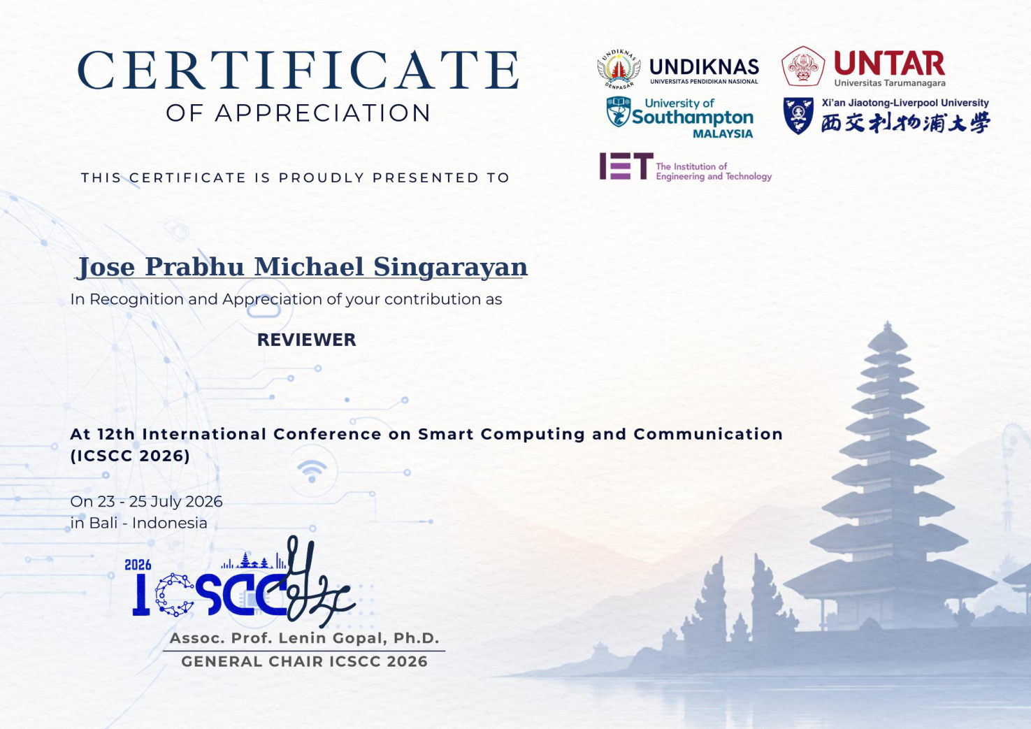 Certificate of Appreciation — Reviewer, ICSCC 2026, Bali, Indonesia
