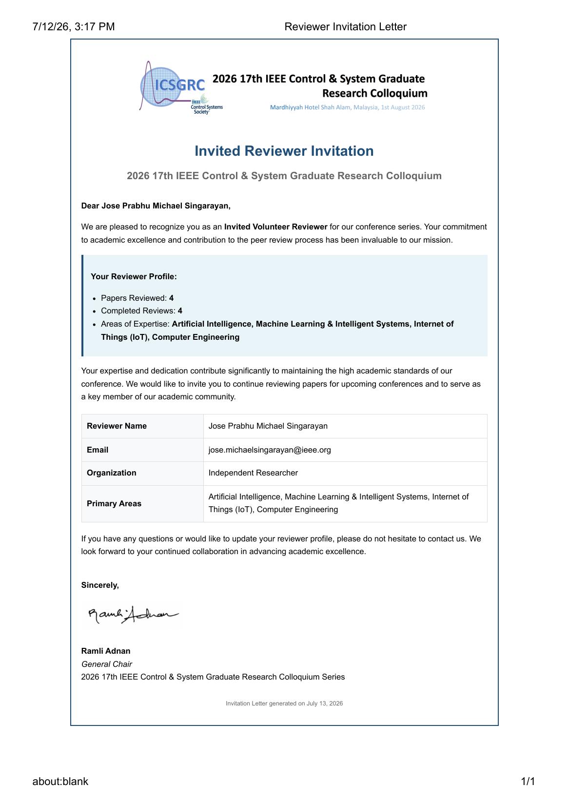 Invited Reviewer Invitation — 2026 17th IEEE Control & System Graduate Research Colloquium (ICSGRC)