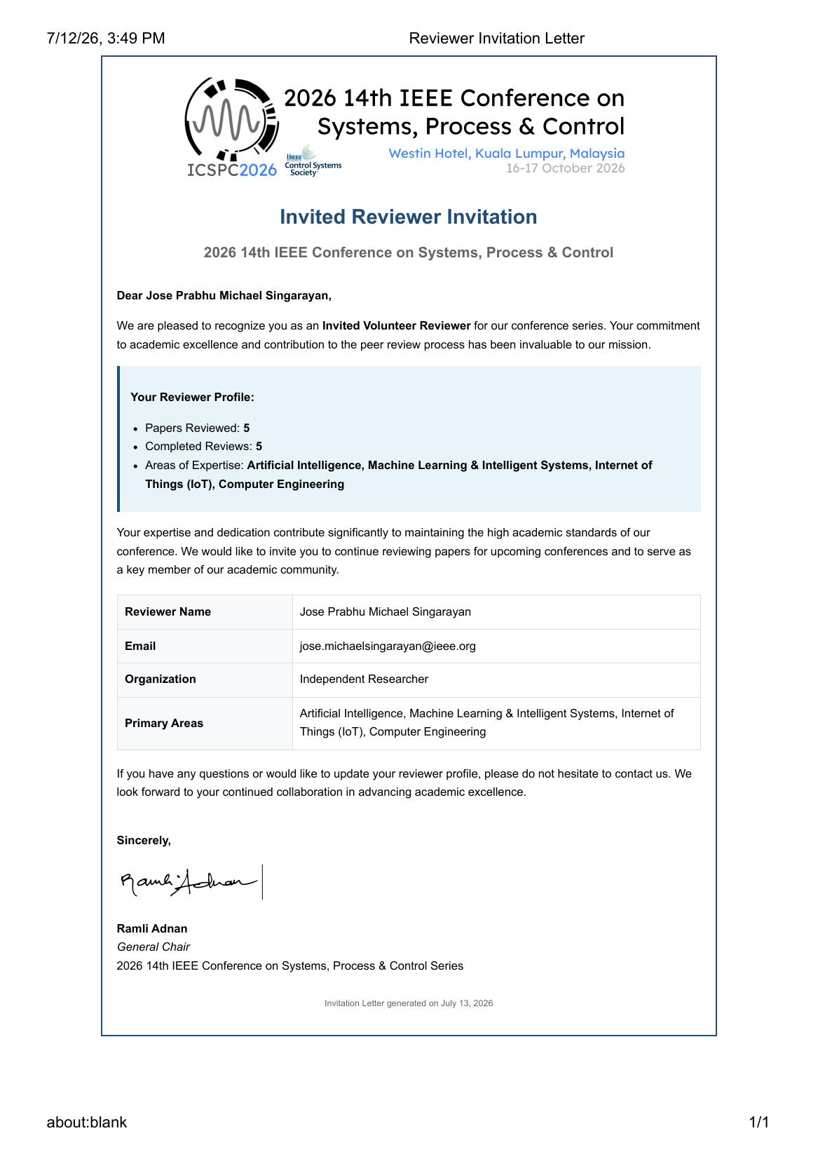 Invited Reviewer Invitation — 2026 14th IEEE Conference on Systems, Process & Control (ICSPC)