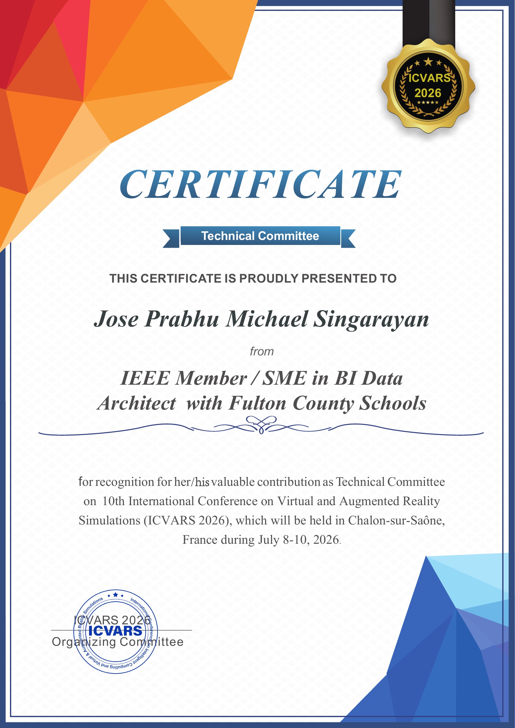 Certificate — Technical Committee, ICVARS 2026