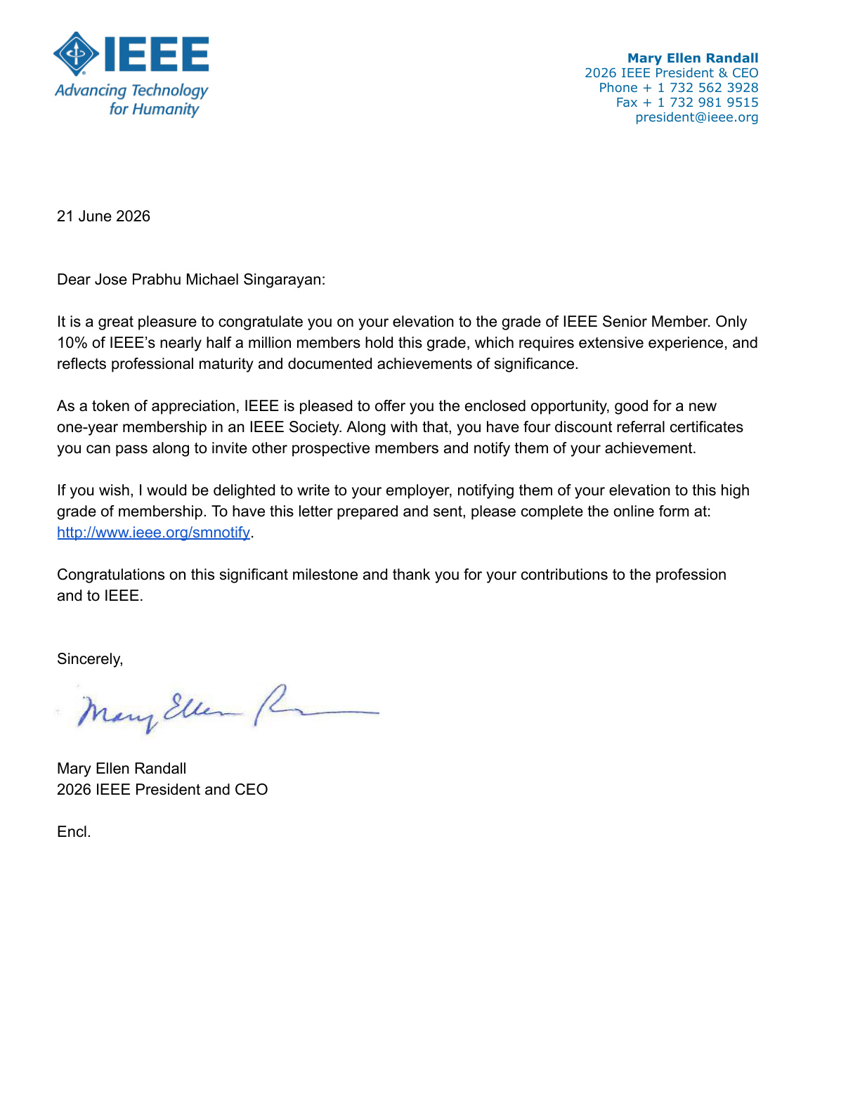 IEEE Senior Member Elevation Letter — Mary Ellen Randall, 2026 IEEE President & CEO