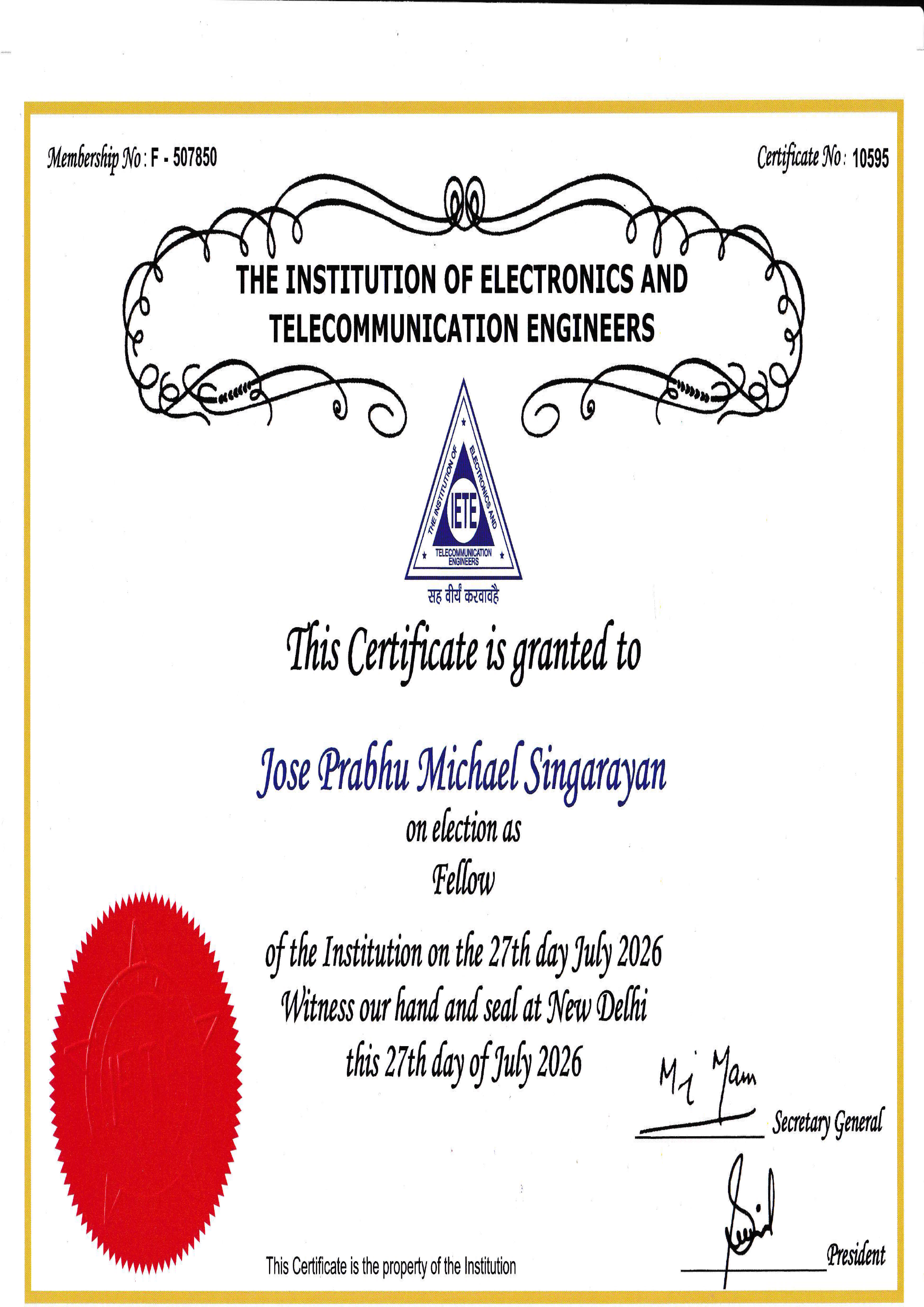 IETE — Fellow election certificate