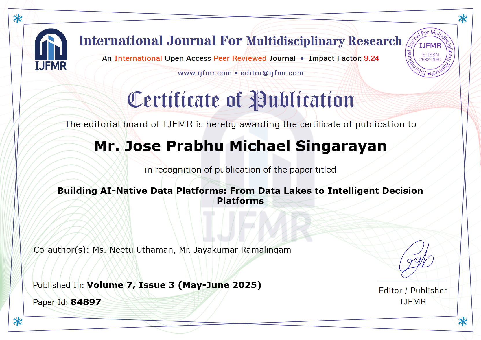 Certificate of Publication — IJFMR, Building AI-Native Data Platforms