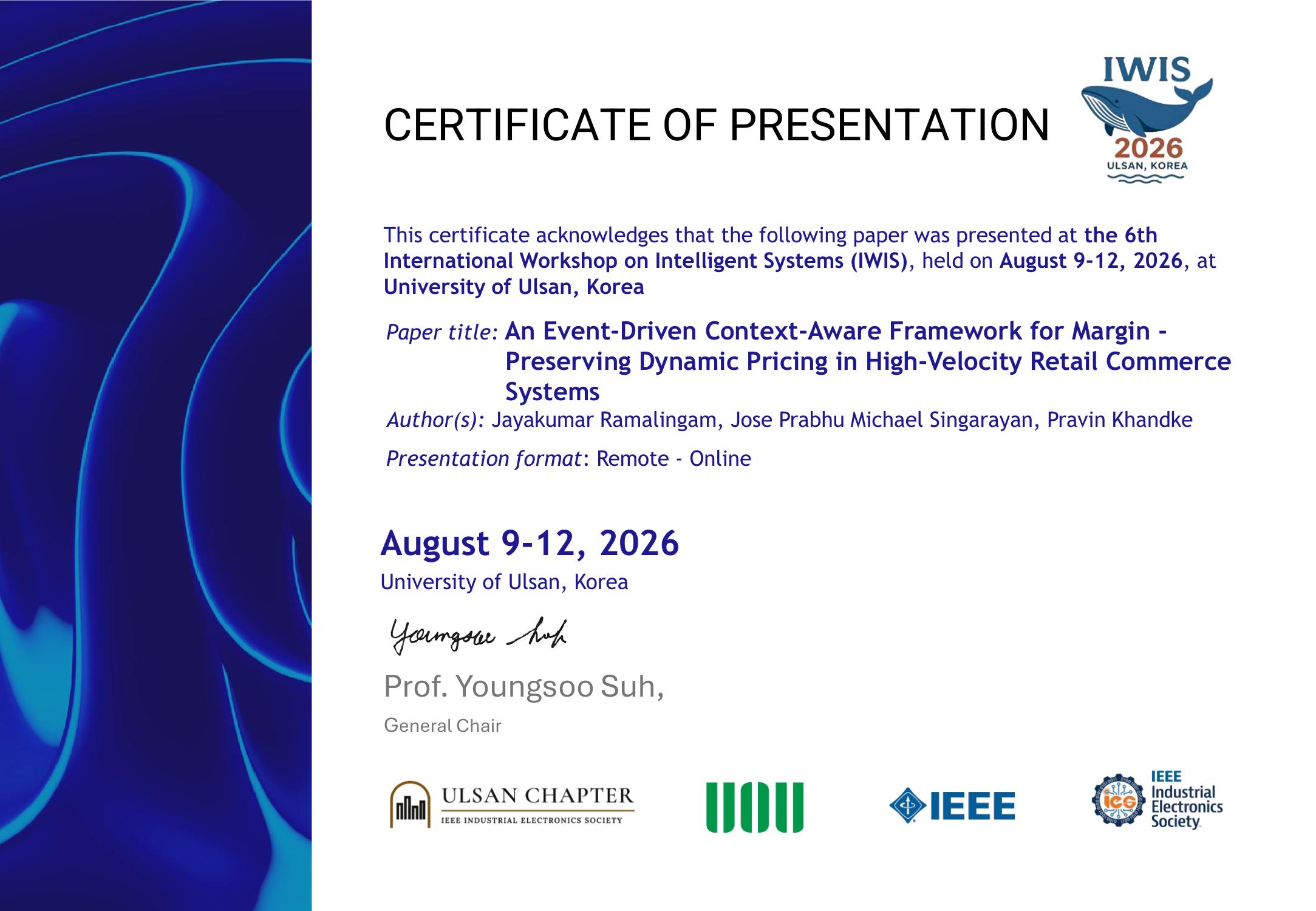 Certificate of Presentation — IWIS 2026, University of Ulsan, Korea
