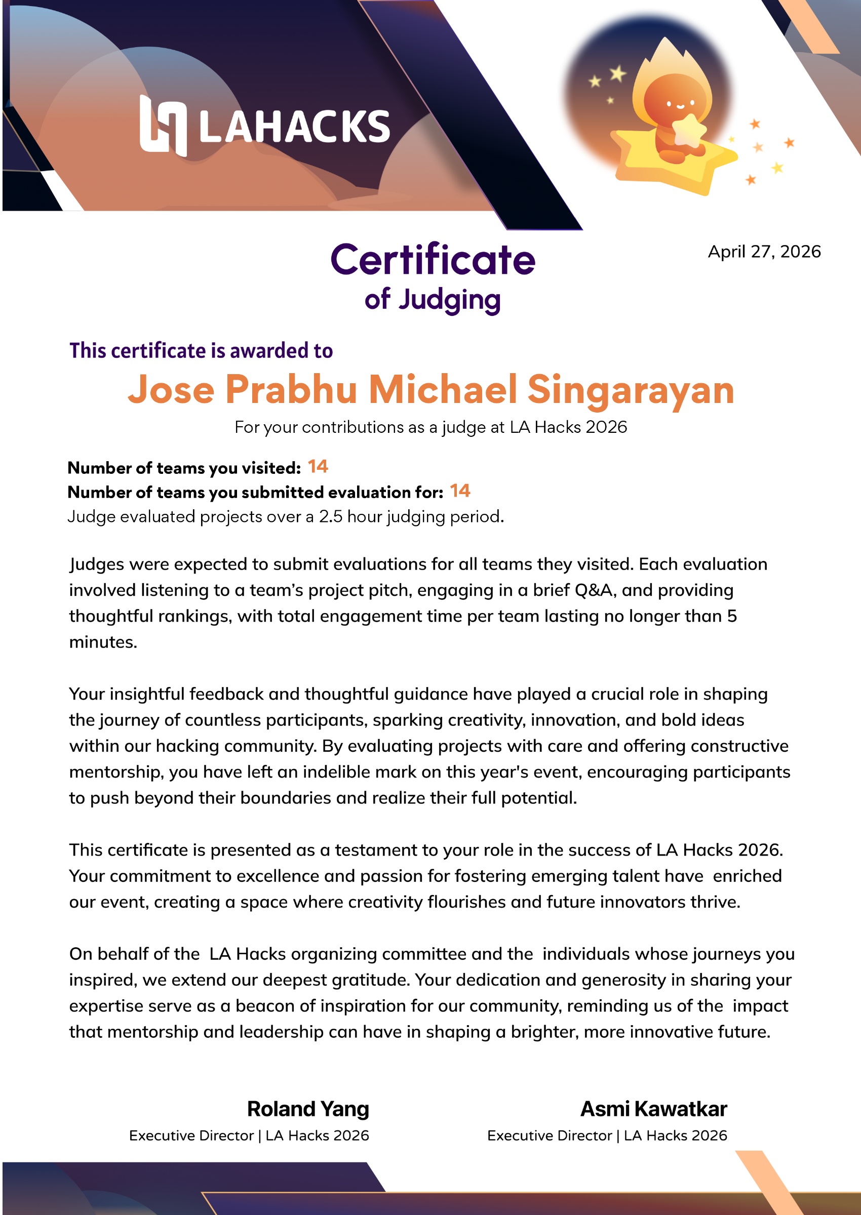 Certificate of Judging — LA Hacks 2026