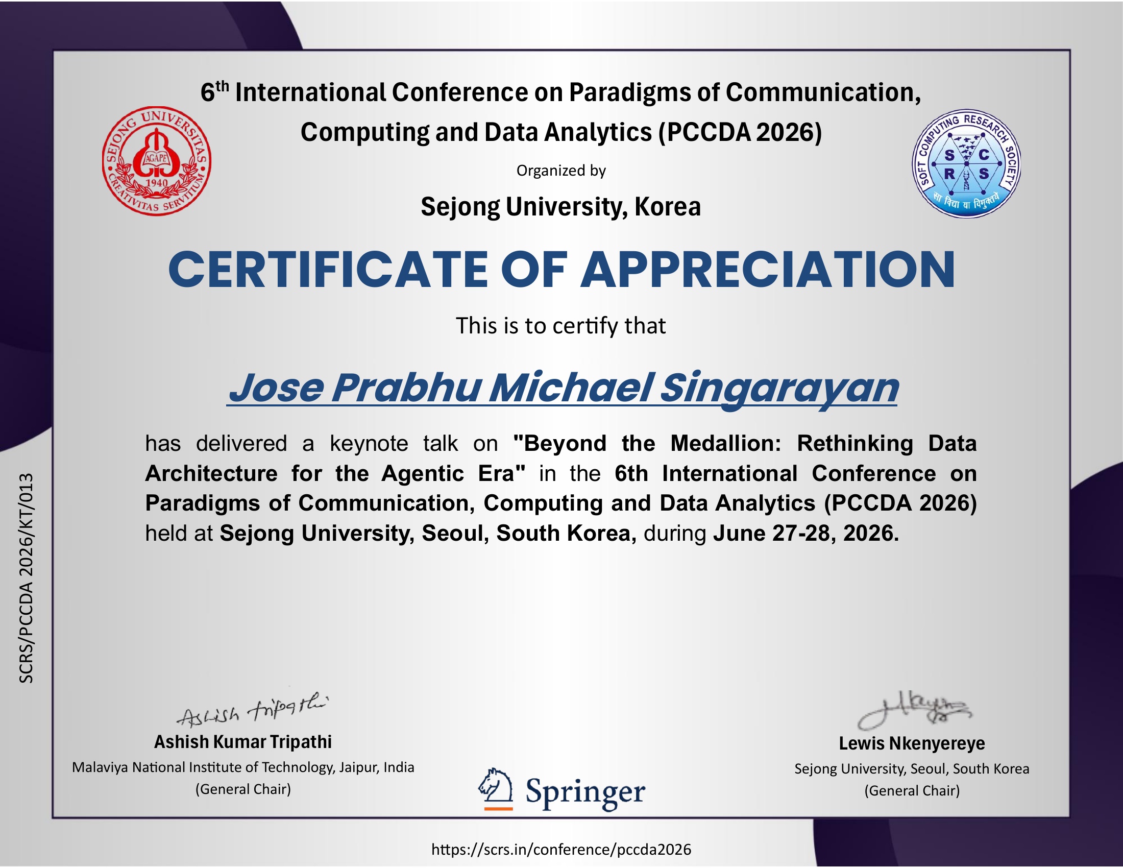 Certificate of Appreciation — Keynote Speaker, PCCDA 2026
