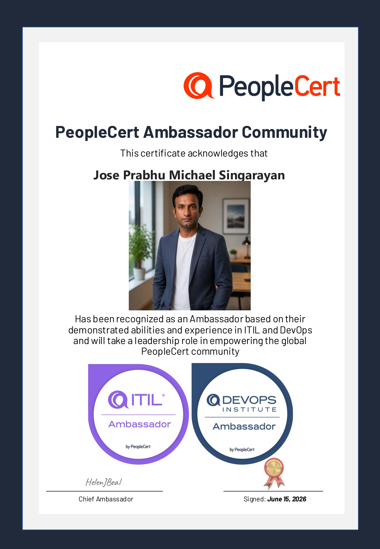 PeopleCert Ambassador Community Certificate — ITIL and DevOps Ambassador