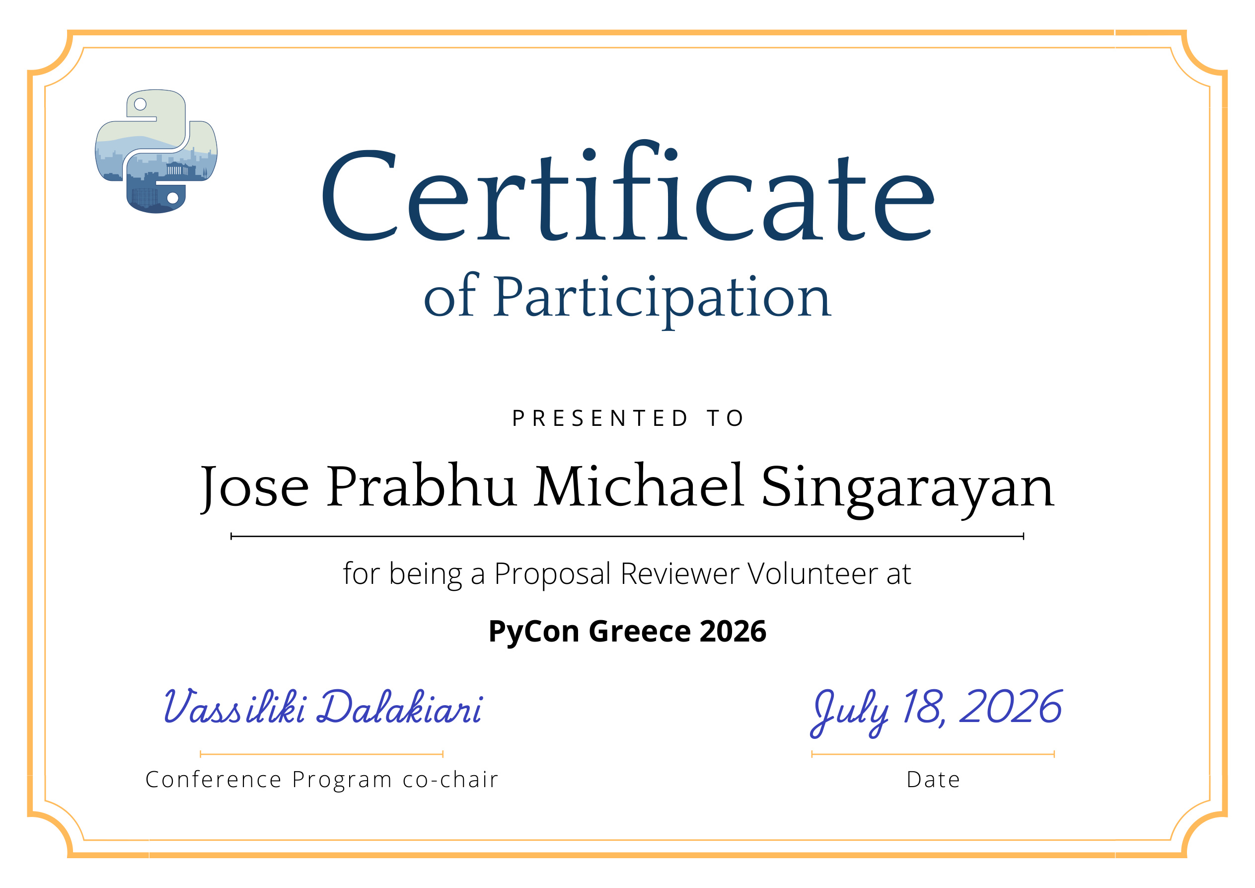 Certificate of Participation — Proposal Reviewer Volunteer, PyCon Greece 2026
