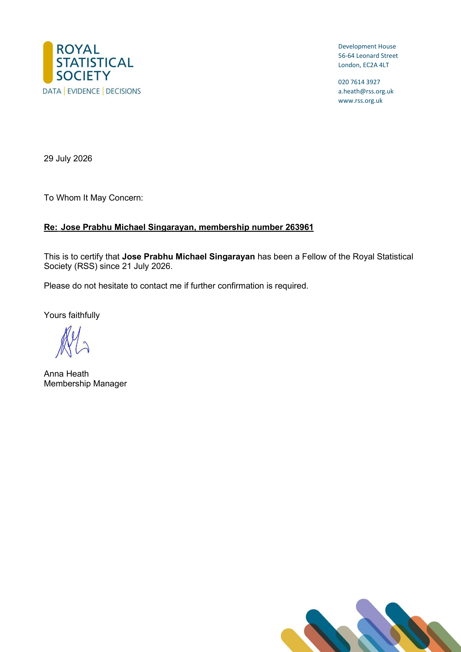 Royal Statistical Society — Fellow Certification Letter