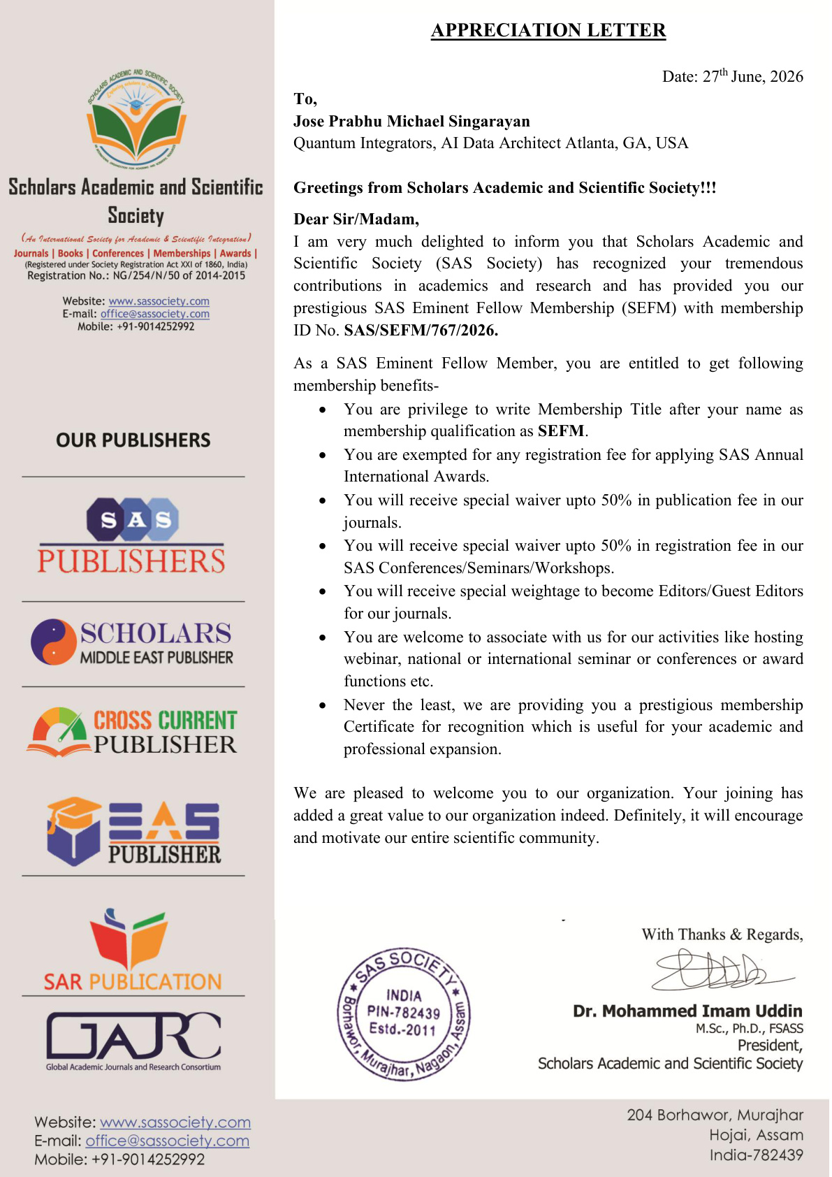 Appreciation Letter — SAS Eminent Fellow Membership, Scholars Academic and Scientific Society