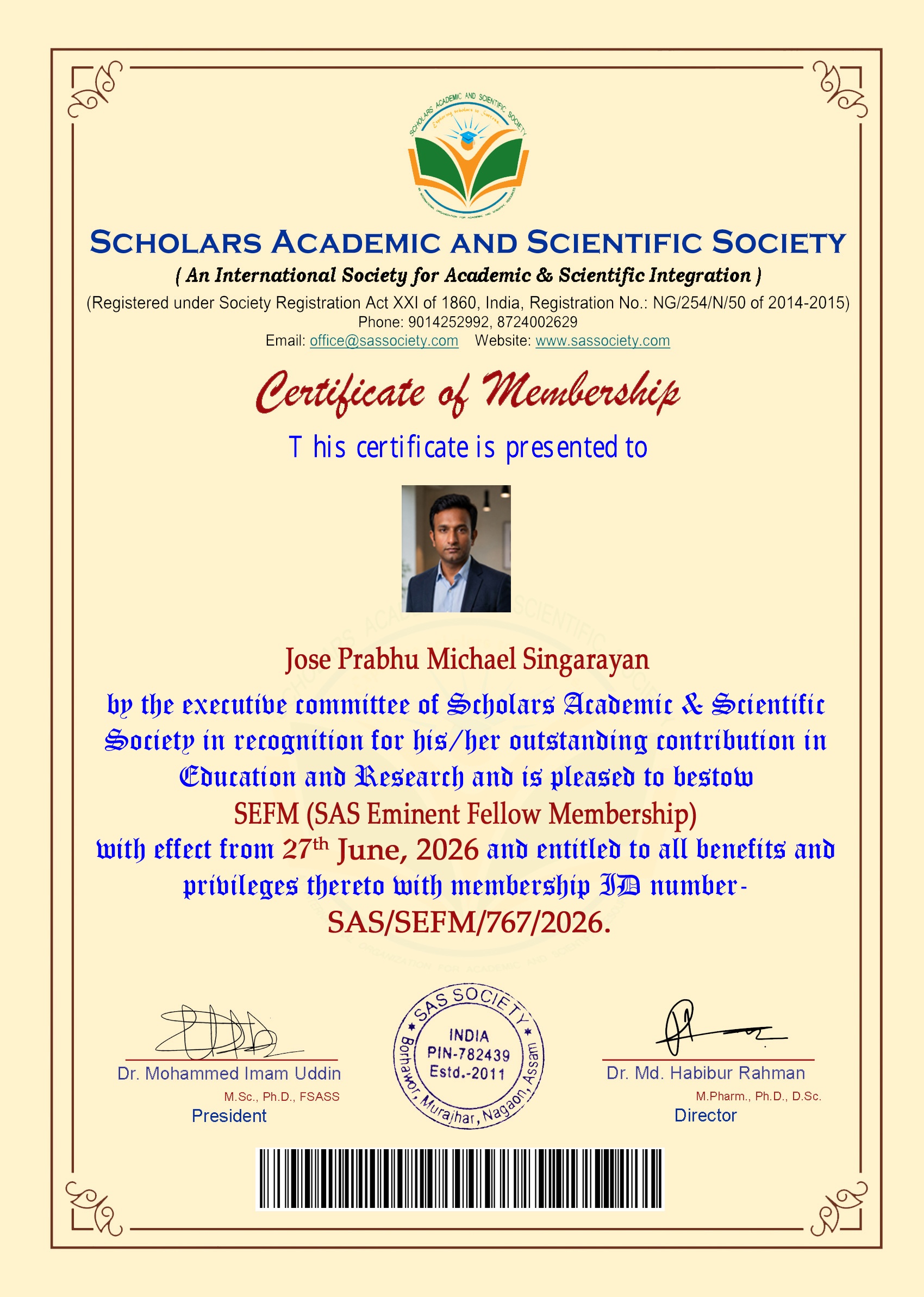 Certificate of Membership — SAS Eminent Fellow Membership (SEFM)