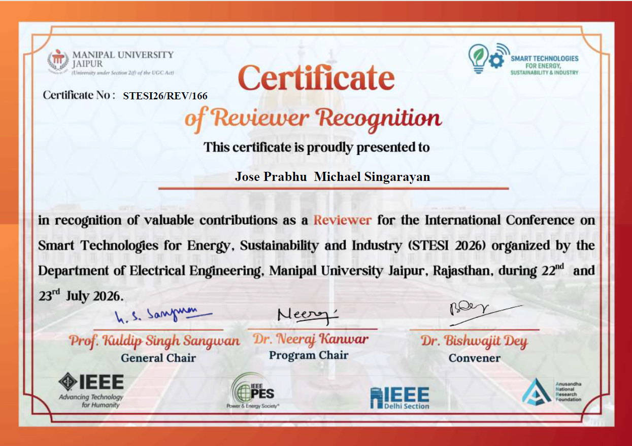 Certificate of Reviewer Recognition — STESI 2026, Manipal University Jaipur